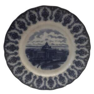 RARE Flow Blue Congressional Library England Washington DC Souvenir Plate BBVF